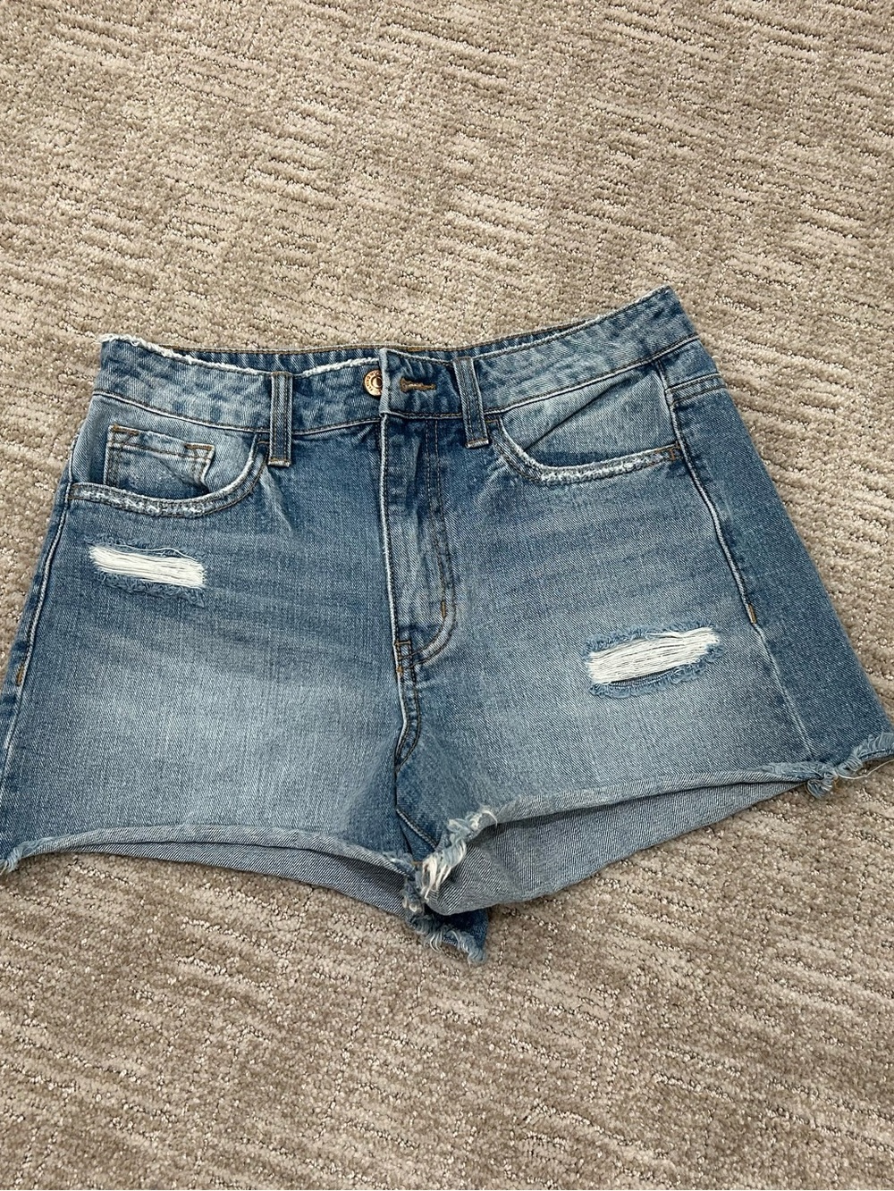 High-Rise Distressed Denim Shorts - Blue